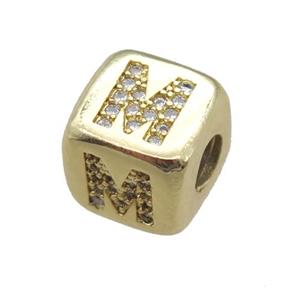copper letter-M beads paved zircon, cube, gold plated, approx 8.5mm, 4mm hole