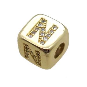 copper letter-N beads paved zircon, cube, gold plated, approx 8.5mm, 4mm hole