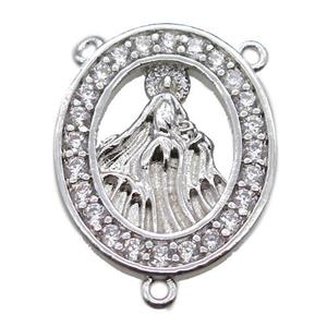 copper oval hanger bail pave zircon with shell virgin mary, platinum plated, approx 16-20mm