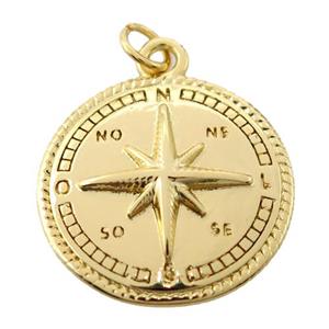 copper Compass pendant, gold plated, approx 20mm dia
