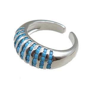 copper Rings pave blue zircon, adjustable, platinum plated, approx 9.5mm, 20mm dia