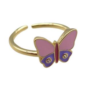 copper Rings, enameled butterfly, adjustable, gold plated, approx 10-13mm, 18mm dia
