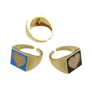 mix copper rings paved zircon with enameled, heart, adjustable, gold plated, approx 13mm, 18mm dia