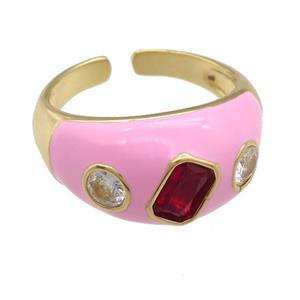 copper Rings paved zircon with pink enamel, gold plated, approx 11mm, 18mm dia