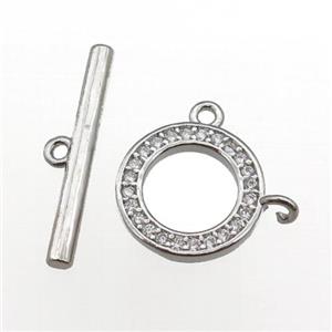 copper Toggle Clasp paved zircon, circle, platinum plated, approx 12mm, 20mm