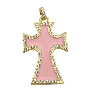 copper Cross pendant paved zircon with pink enamel, gold plated, approx 22-33mm