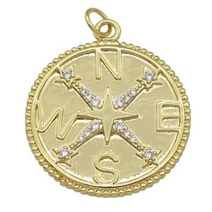 copper Compass pendant paved zircon, gold palted, approx 24mm dia
