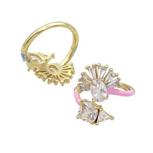 Copper Ring Pave Zircon Clear Crystal Pink Enamel Gold Plated, approx 6-11mm, 14mm, 18mm dia