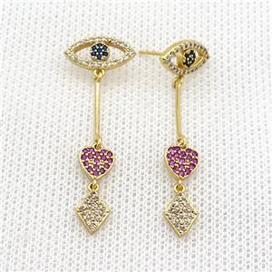 Copper Stud Earrings Pave Zircon Eye Gold Plated, approx 6.5-40mm