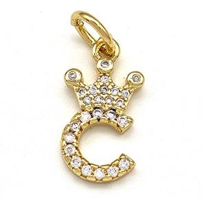 Copper Pendant Pave Zirconia Letter-C Crown Gold Plated, approx 10-14mm