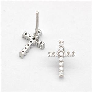 Copper Cross Stud Earrings Pave Zirconia Platinum Plated, approx 8-10mm