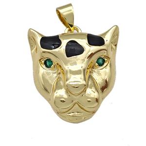Copper Tiger Pendant Pave Zirconia Black Enamel Gold Plated, approx 18-20mm