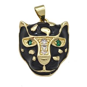 Copper Leopard Pendant Pave Zirconia Black Enamel Gold Plated, approx 18-19mm