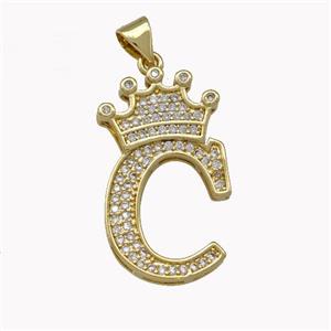 Copper Letter-C Pendant Micro Pave Zirconia Crown Gold Plated, approx 18-25mm