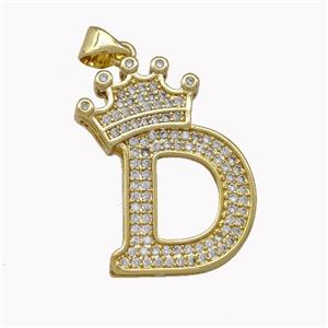 Copper Letter-D Pendant Micro Pave Zirconia Crown Gold Plated, approx 18-25mm