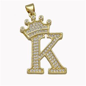 Copper Letter-K Pendant Micro Pave Zirconia Crown Gold Plated, approx 18-25mm