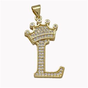 Copper Letter-L Pendant Micro Pave Zirconia Crown Gold Plated, approx 18-25mm