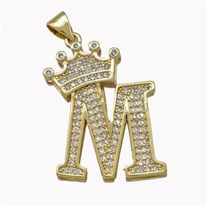 Copper Letter-M Pendant Micro Pave Zirconia Crown Gold Plated, approx 18-25mm