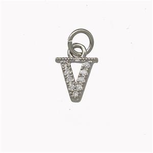 Copper Letter-V Pendant Pave Zirconia Platinum Plated, approx 5-8mm
