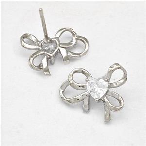 Copper Bow Earrings Stud Pave Zirconia Platinum Plated, approx 13-15mm