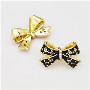 Copper Bow Stud Earrings Pave Zirconia Black Enamel Gold Plated, approx 11-17mm
