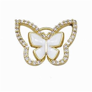 Copper Butterfly Pendant Pave Zirconia White Enamel Gold Plated, approx 15-19mm