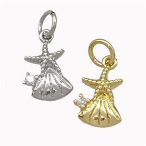 Starfish And Shell Charms Copper Pendant Pave Zirconia Mixed, approx 8-10mm