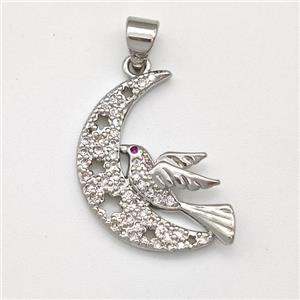 Copper Birds Pendant Micro Pave Zirconia Moon Platinum Plated, approx 15-20mm