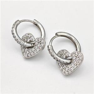 Copper Hoop Earrings Heart Pave Zirconia Platinum Plated, approx 14mm, 17mm dia