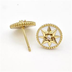 Copper Northstar Stud Earring Pave Zirconia White Enamel Circle Gold Plated, approx 11mm