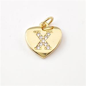 Copper Heart Pendant Pave Zirconia Letter-X Gold Plated, approx 12mm