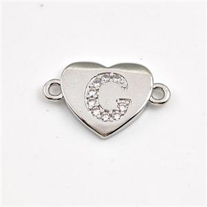 Copper Heart Connector Pave Zirconia Letter-C Platinum Plated, approx 12mm