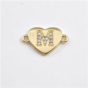 Copper Heart Connector Pave Zirconia Letter-M Gold Plated, approx 12mm