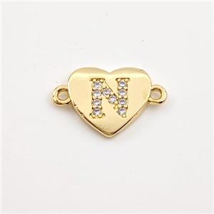 Copper Heart Connector Pave Zirconia Letter-N Gold Plated, approx 12mm