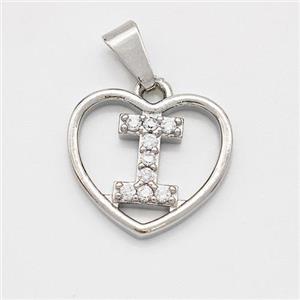 Copper Heart Pendant Pave Zirconia Letter-I Platinum Plated, approx 16mm