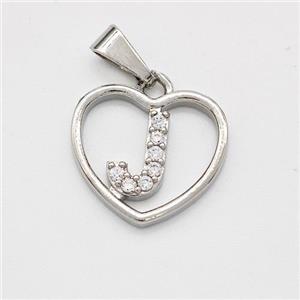 Copper Heart Pendant Pave Zirconia Letter-J Platinum Plated, approx 16mm