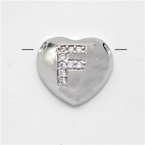 Copper Heart Pendant Pave Zirconia Letter-F Large Hole Platinum Plated, approx 16mm, 3mm hole