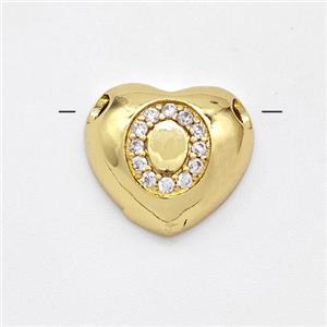 Copper Heart Pendant Pave Zirconia Letter-O Large Hole Gold Plated, approx 16mm, 3mm hole