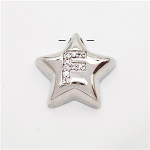 Copper Star Pendant Pave Zirconia Letter-F Large Hole Platinum Plated, approx 16mm, 3mm hole