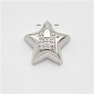 Copper Star Pendant Pave Zirconia Letter-H Large Hole Platinum Plated, approx 16mm, 3mm hole