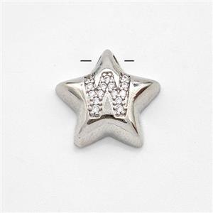 Copper Star Pendant Pave Zirconia Letter-W Large Hole Platinum Plated, approx 16mm, 3mm hole