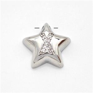 Copper Star Pendant Pave Zirconia Letter-X Large Hole Platinum Plated, approx 16mm, 3mm hole