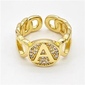 Copper Ring Pave Zirconia Letter-A Gold Plated, approx 12mm, 18mm dia