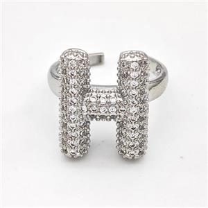 Copper Ring Pave Zirconia Letter-H Platinum Plated, approx 14-19mm, 18mm dia