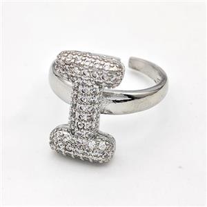 Copper Ring Pave Zirconia Letter-I Platinum Plated, approx 14-19mm, 18mm dia