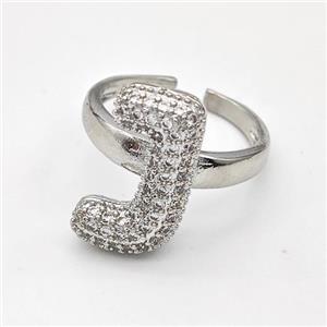 Copper Ring Pave Zirconia Letter-J Platinum Plated, approx 14-19mm, 18mm dia