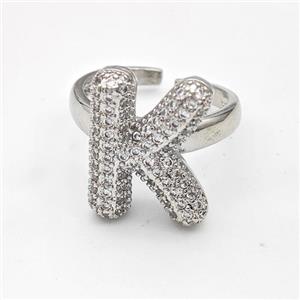 Copper Ring Pave Zirconia Letter-K Platinum Plated, approx 14-19mm, 18mm dia