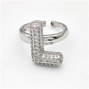 Copper Ring Pave Zirconia Letter-L Platinum Plated, approx 14-19mm, 18mm dia