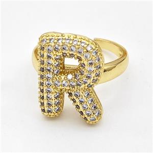 Copper Ring Pave Zirconia Letter-R Gold Plated, approx 14-19mm, 18mm dia