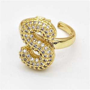 Copper Ring Pave Zirconia Letter-S Gold Plated, approx 14-19mm, 18mm dia